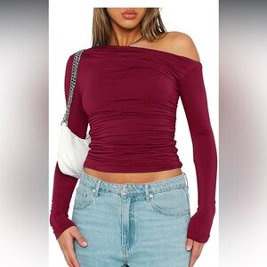 Women One Off The Shoulder Long Sleeve Crop Top Ruched Slim Fit Asymmetrical